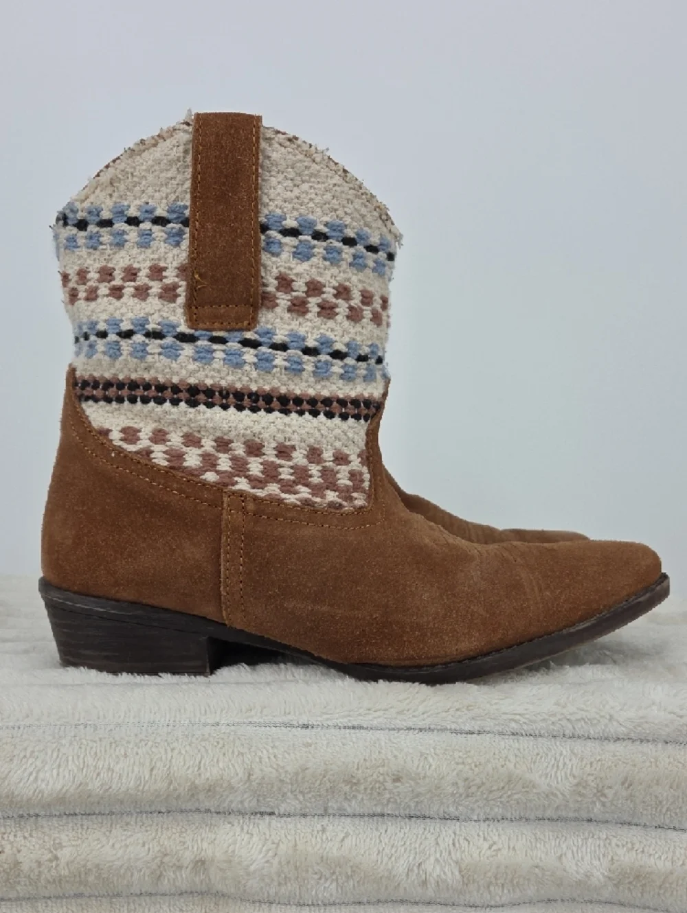 Roper Brown Suede Ankle Boots with Woven Multi-Color Shaft